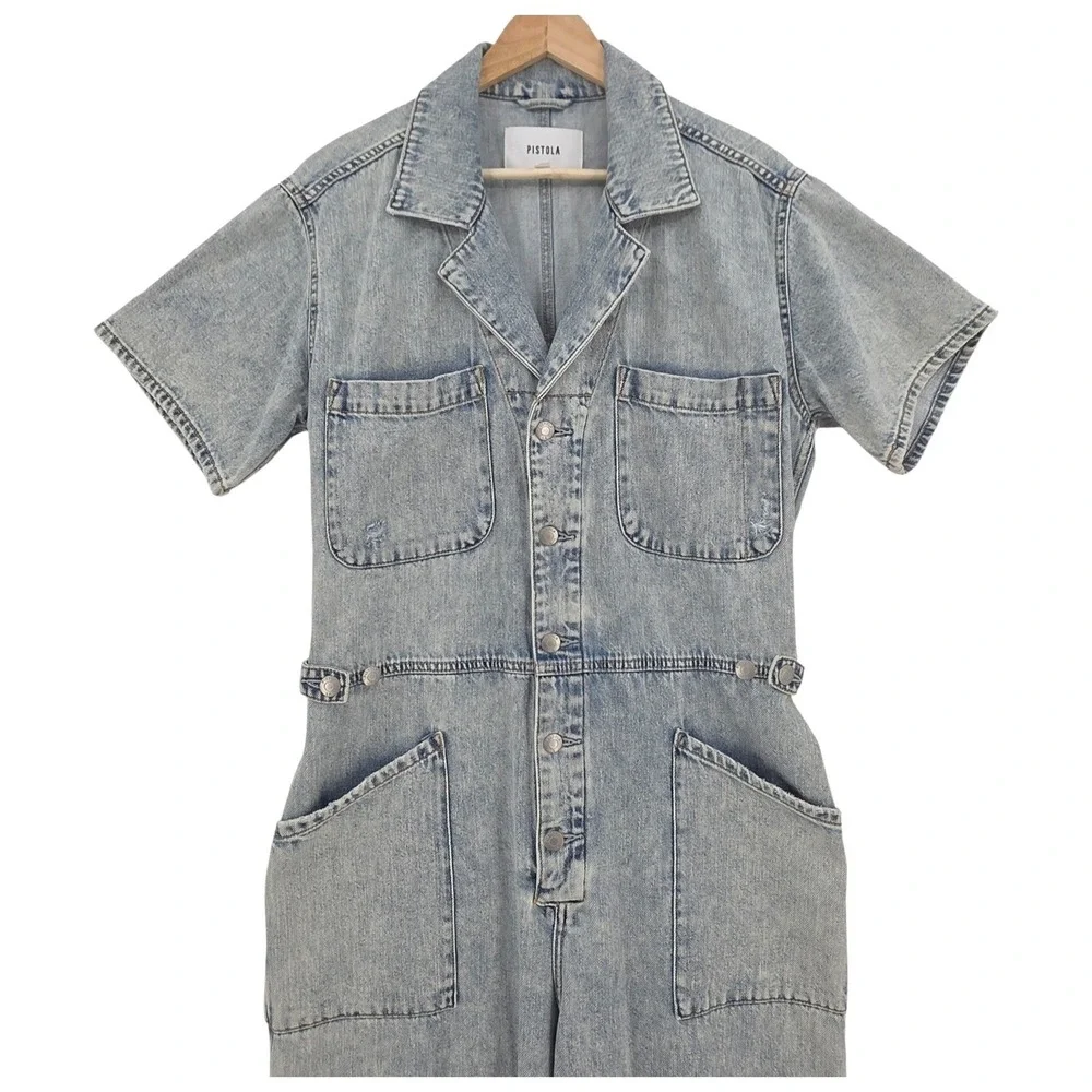 Pistola Womens L Grover Denim Jumpsuit Boiler Suit in Light Wash
